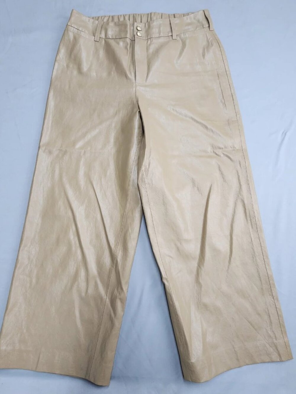 Chico's Faux Leather Wide Leg Pants Women's Size 10 1.5R Beige High Rise Coated